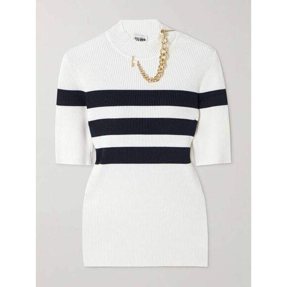Jean Paul Gaultier Striped Knit Gold Chain Top in White Navy L - Picture 3 of 3